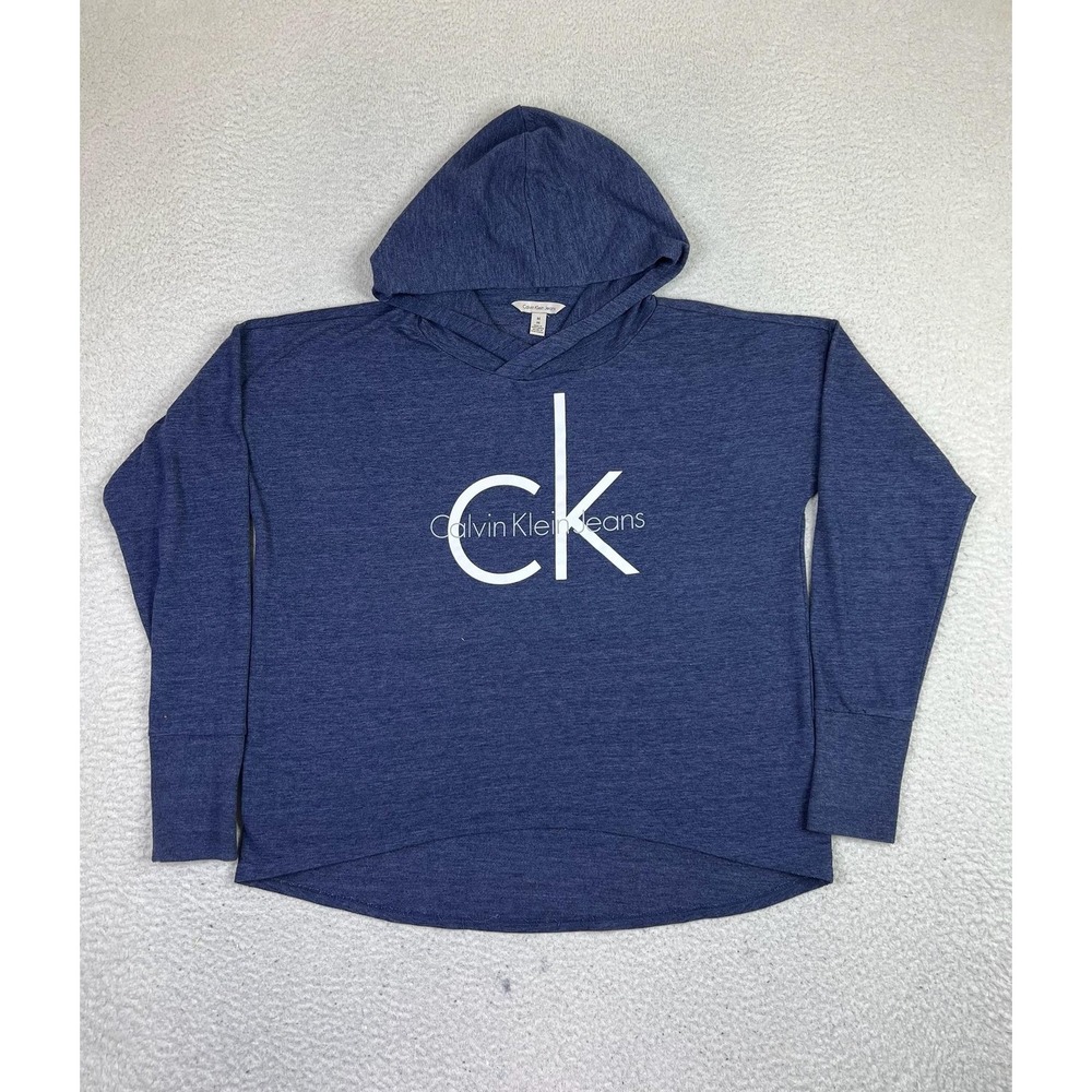 Calvin Klein Jeans Womens Logo Hoodie Blue Lightweight Pullover Top M